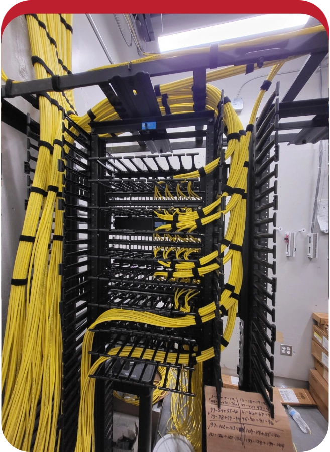 A rack of yellow wires in a room.